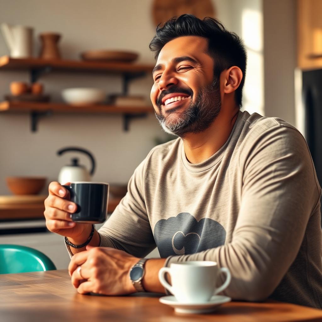 Persona relajada organizando sus finanzas mientras toma un café